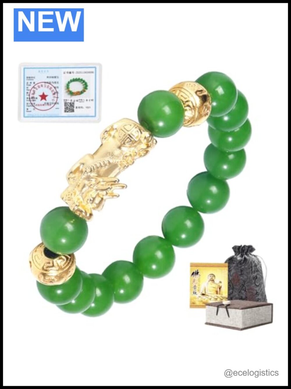 24K Gold Plated PiXiu Bracelet Real Jade Feng Shui Unisex Stretch